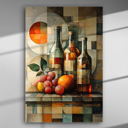 Geometric art canvas featuring wine bottles and fruits with orange and green tones.