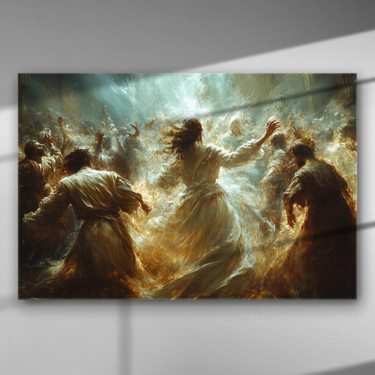 A dynamic canvas print showing figures in flowing garments illuminated by dramatic lighting, evoking a sense of divine choreography.