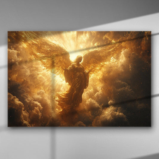 Canvas print of a glowing angel surrounded by golden light and clouds.