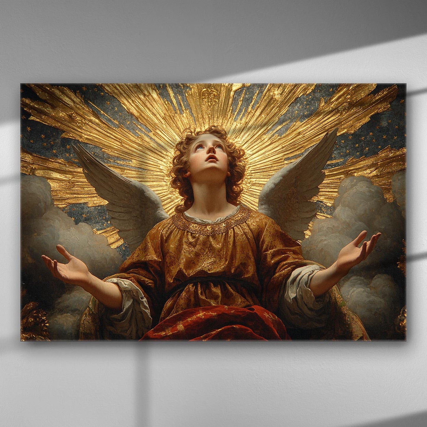 Canvas print depicting an angel with open wings and golden rays.