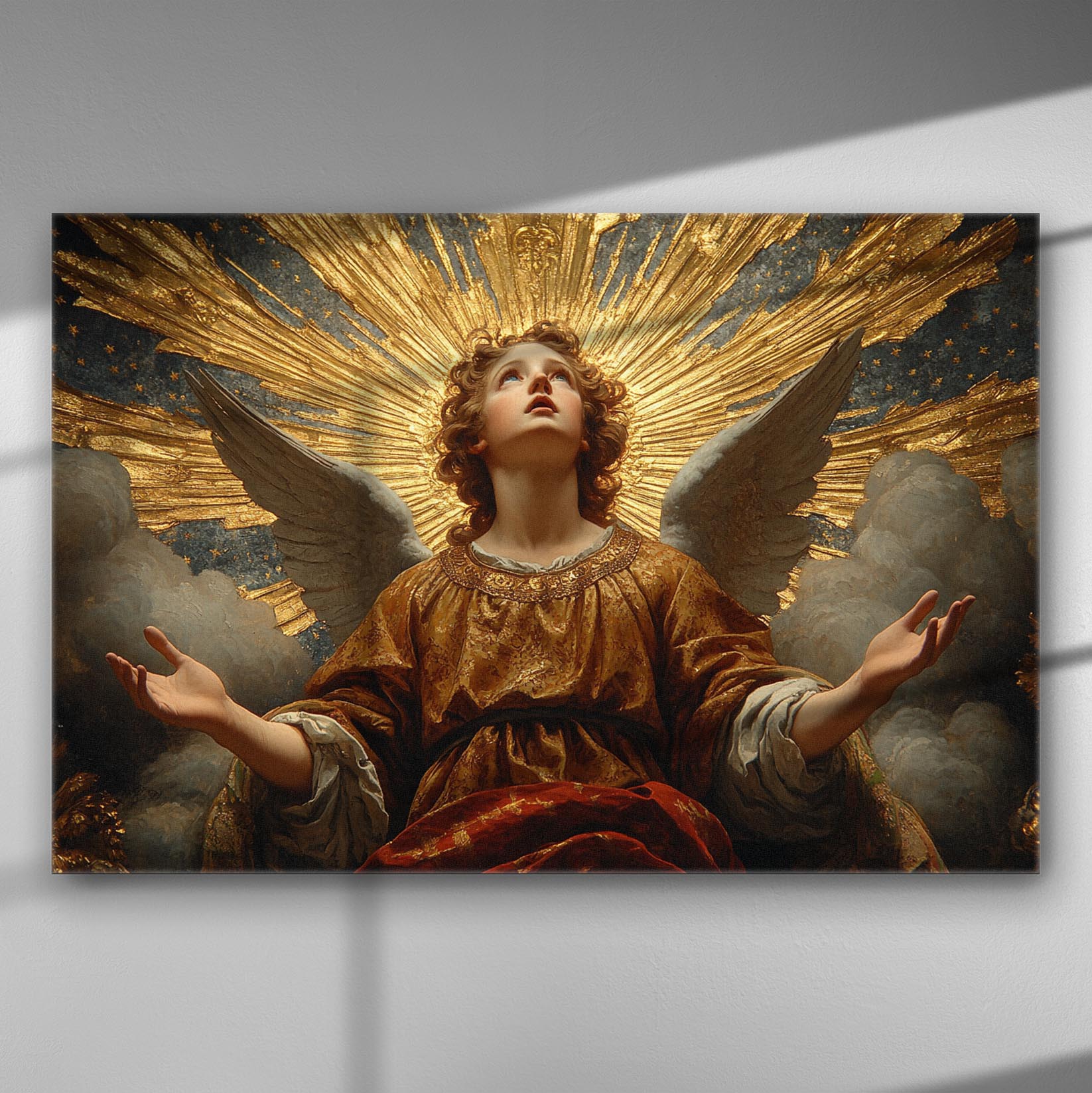 Canvas print depicting an angel with open wings and golden rays.