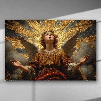 Canvas print depicting an angel with open wings and golden rays.
