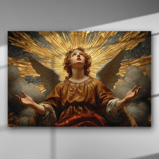 Canvas print depicting an angel with open wings and golden rays.