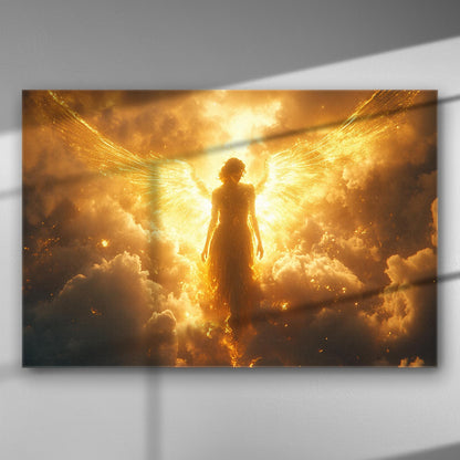 Heavenly angel with golden wings emerging from clouds in a divine light setting.