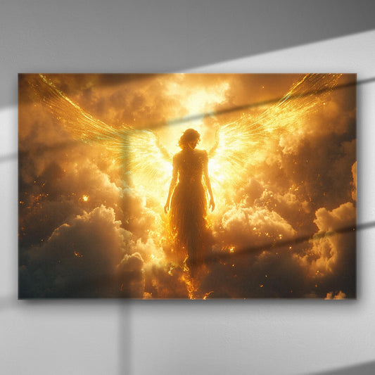 Heavenly angel with golden wings emerging from clouds in a divine light setting.