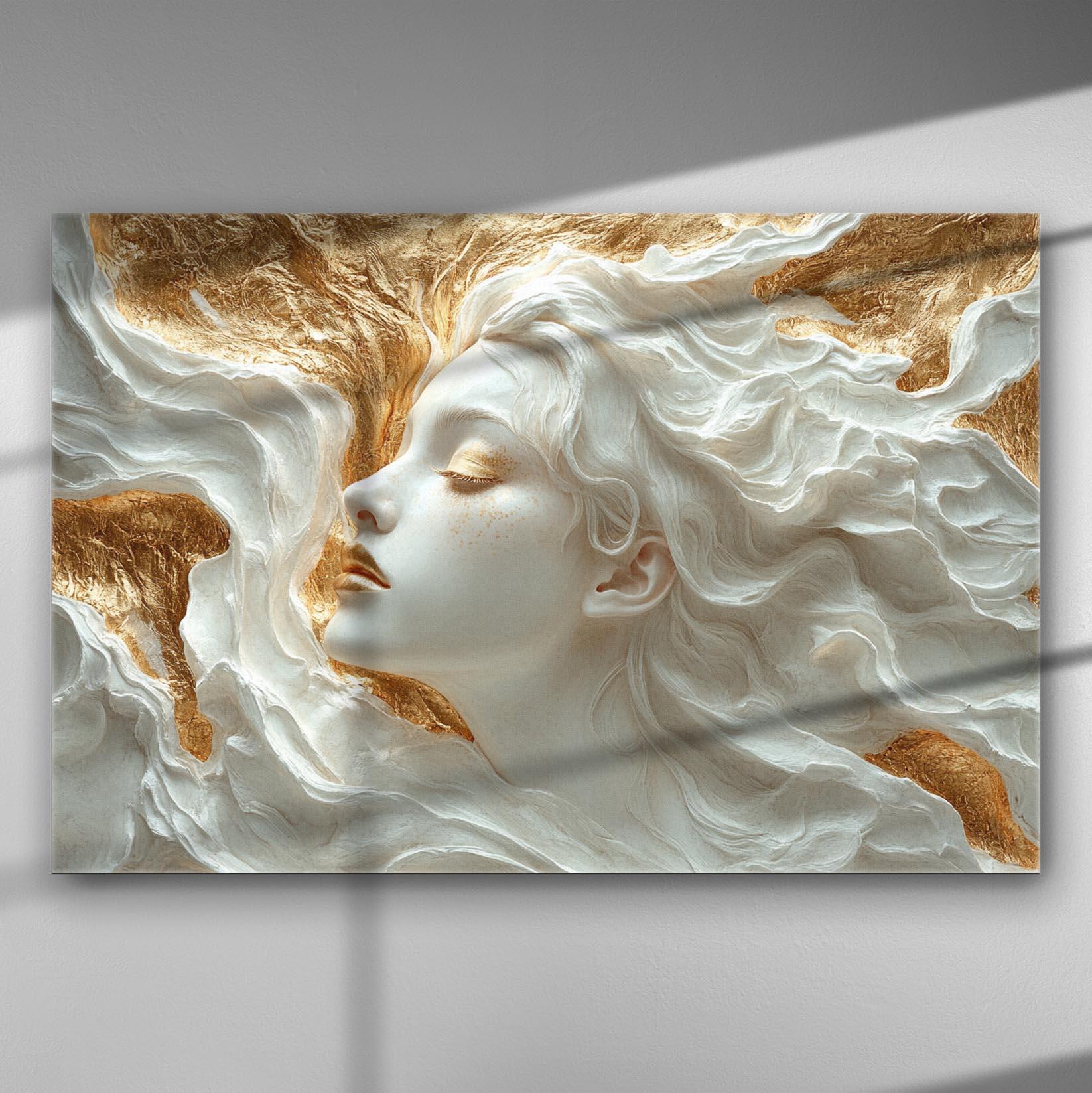 Dreamlike artwork of a woman's face with flowing white and gold textures.