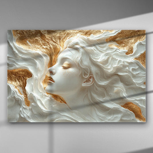 Dreamlike artwork of a woman's face with flowing white and gold textures.