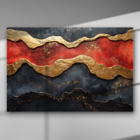 Abstract painting with red, black, and gold wavy patterns