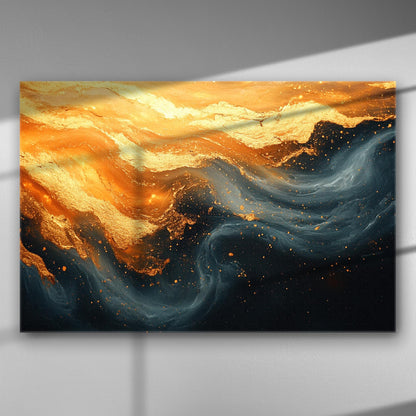 Abstract canvas print with golden and dark blue swirls, ideal for modern decor.