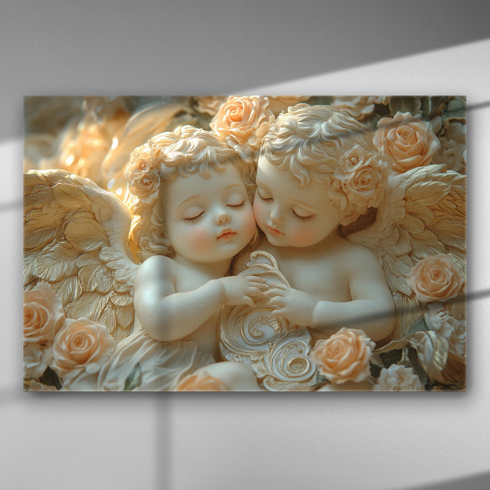 Dreamy angels with roses in a serene and romantic canvas painting.