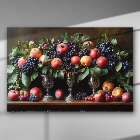 A canvas print depicting a classic still life with an abundance of colorful fruits and foliage.