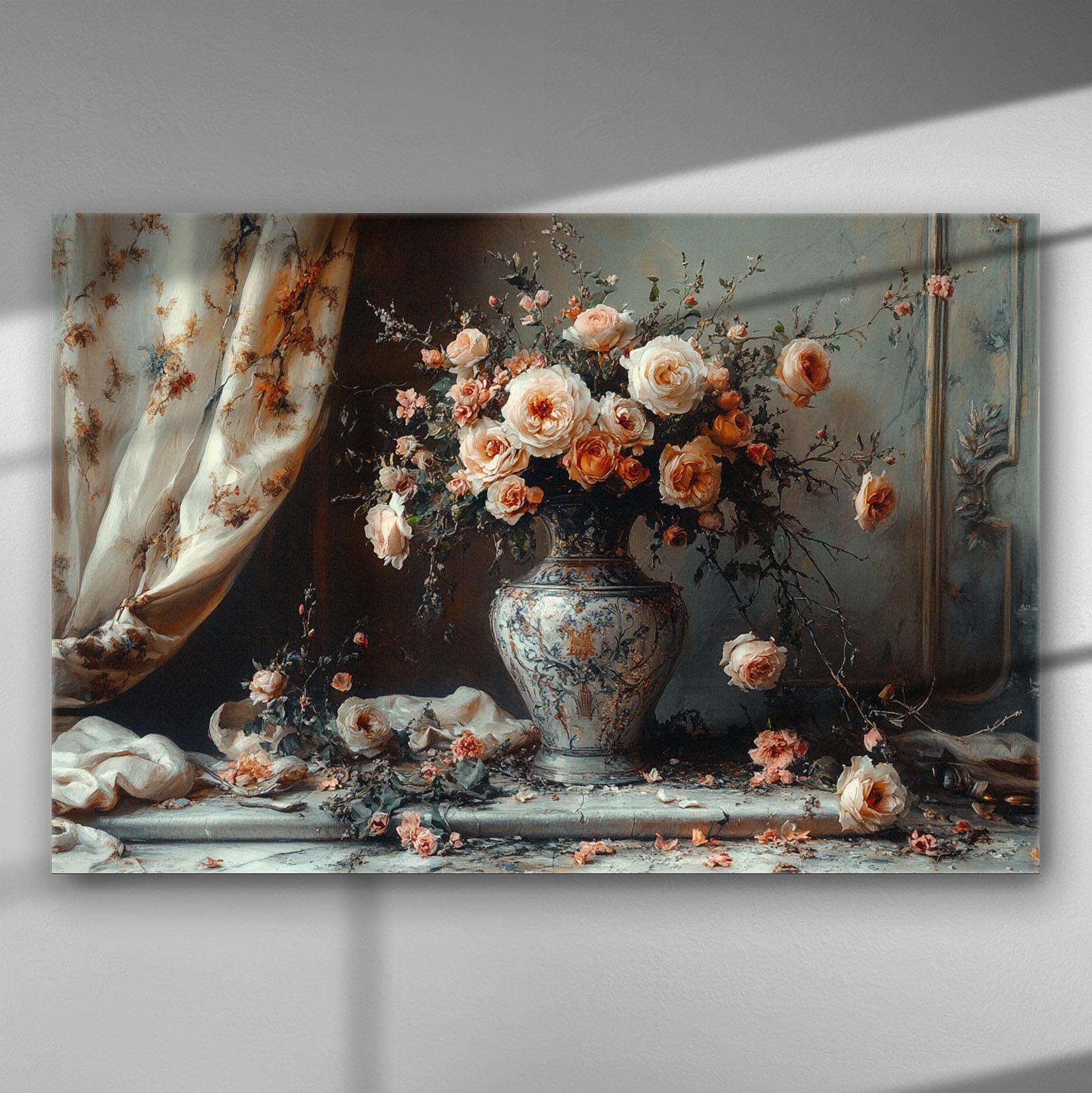 Classical vase with roses canvas print, elegant floral art for decoration.