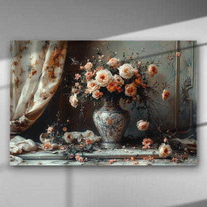 Classical vase with roses canvas print, elegant floral art for decoration.