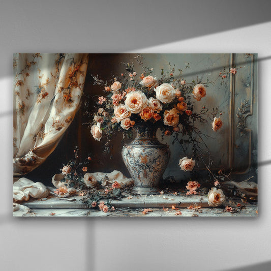 Classical vase with roses canvas print, elegant floral art for decoration.