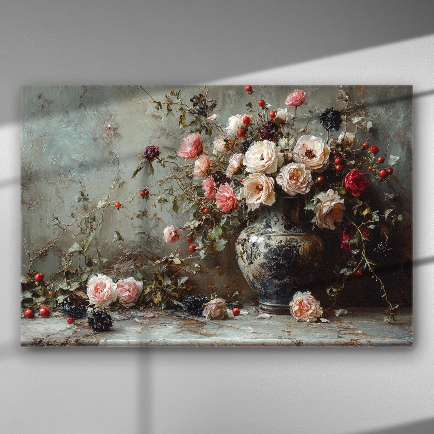 Canvas art featuring a vase filled with blossoming roses in shades of pink and red.