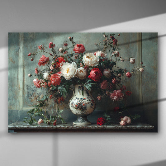 Canvas print with a vase full of roses in a classic style.