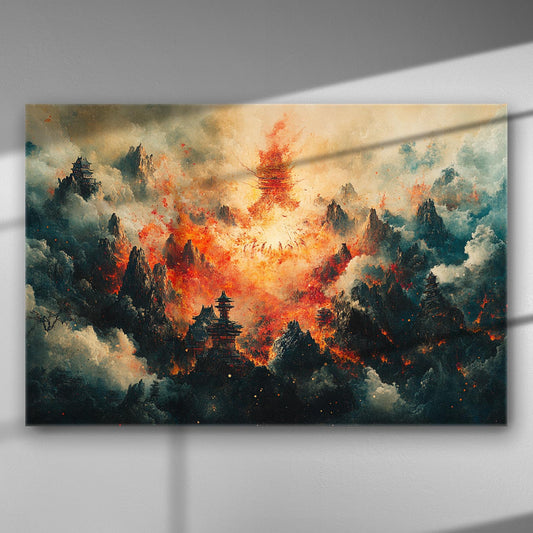A dramatic landscape painting of mountains with fog and flames.