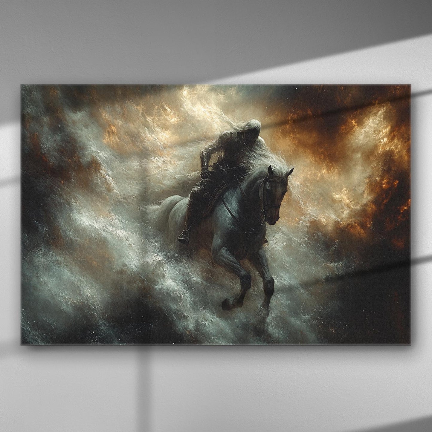 Horseman riding through a storm in a dramatic canvas art