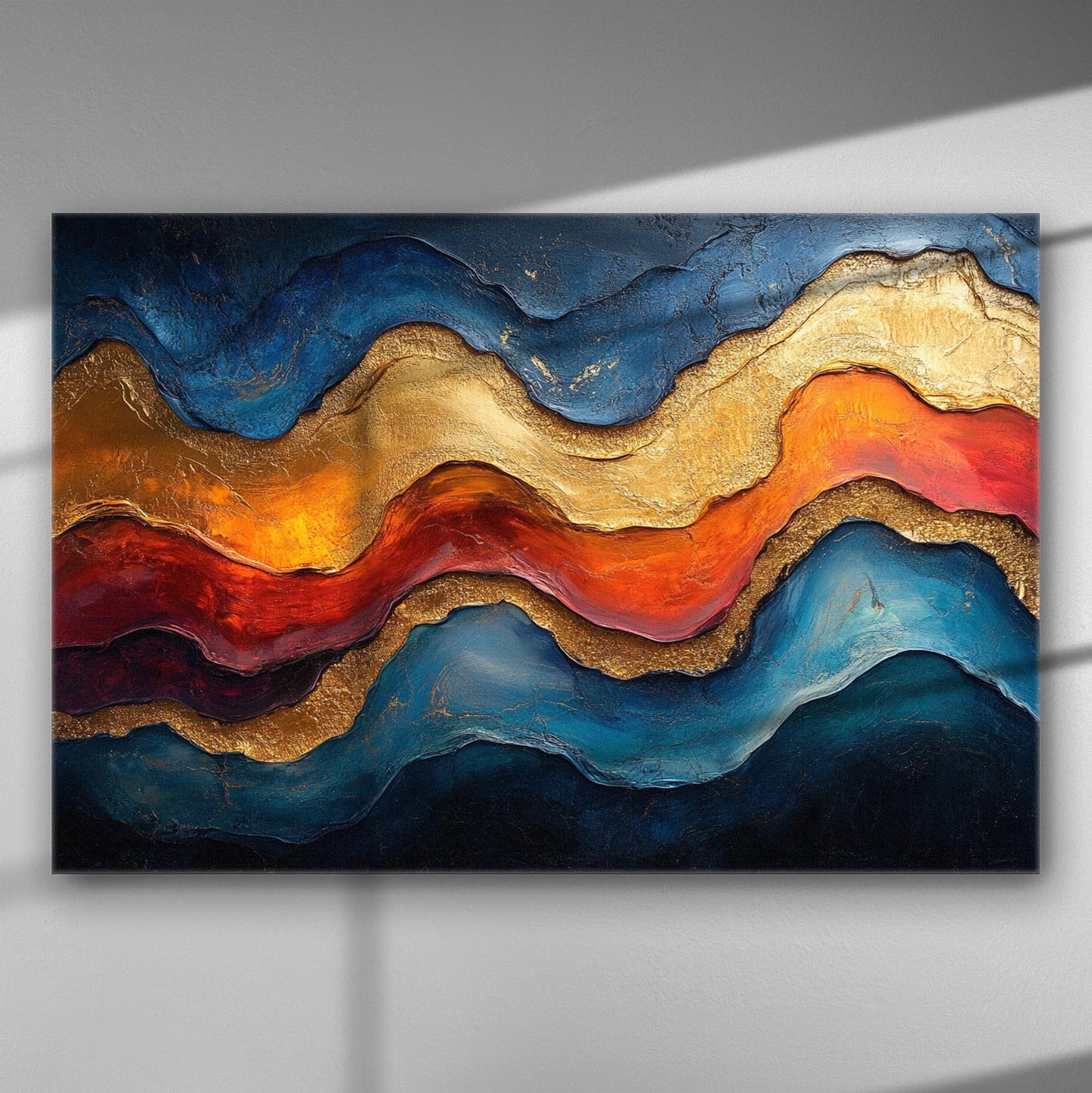Abstract canvas art with gold and blue wave-like patterns.