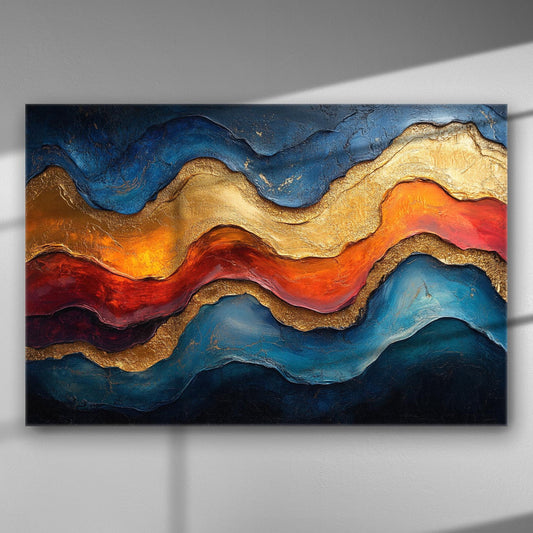 Abstract canvas art with gold and blue wave-like patterns.