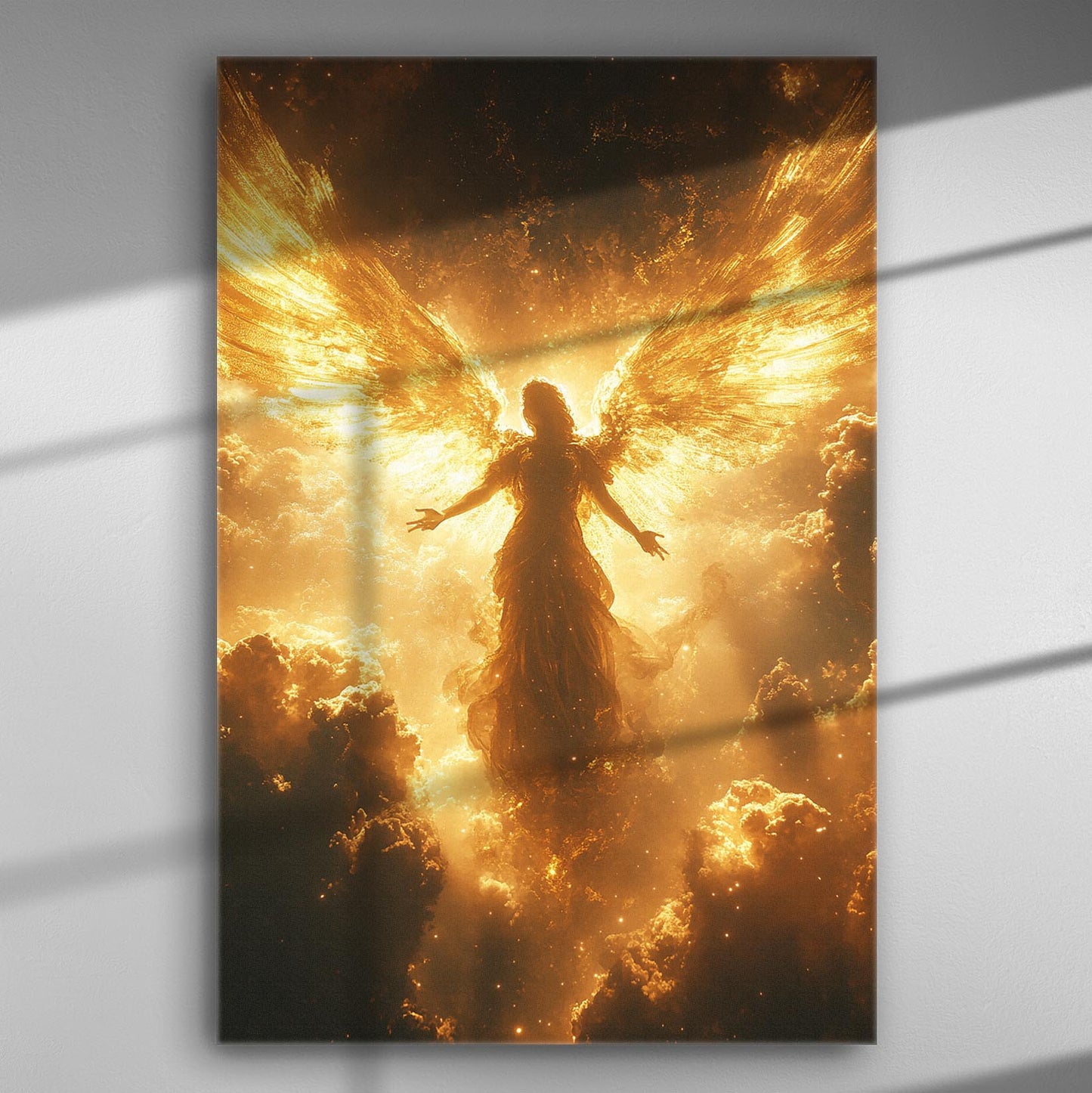 A celestial angel bathed in golden light with grand wings in the clouds.