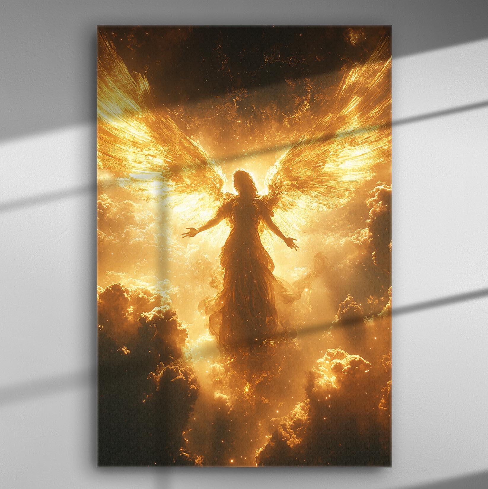 A celestial angel bathed in golden light with grand wings in the clouds.