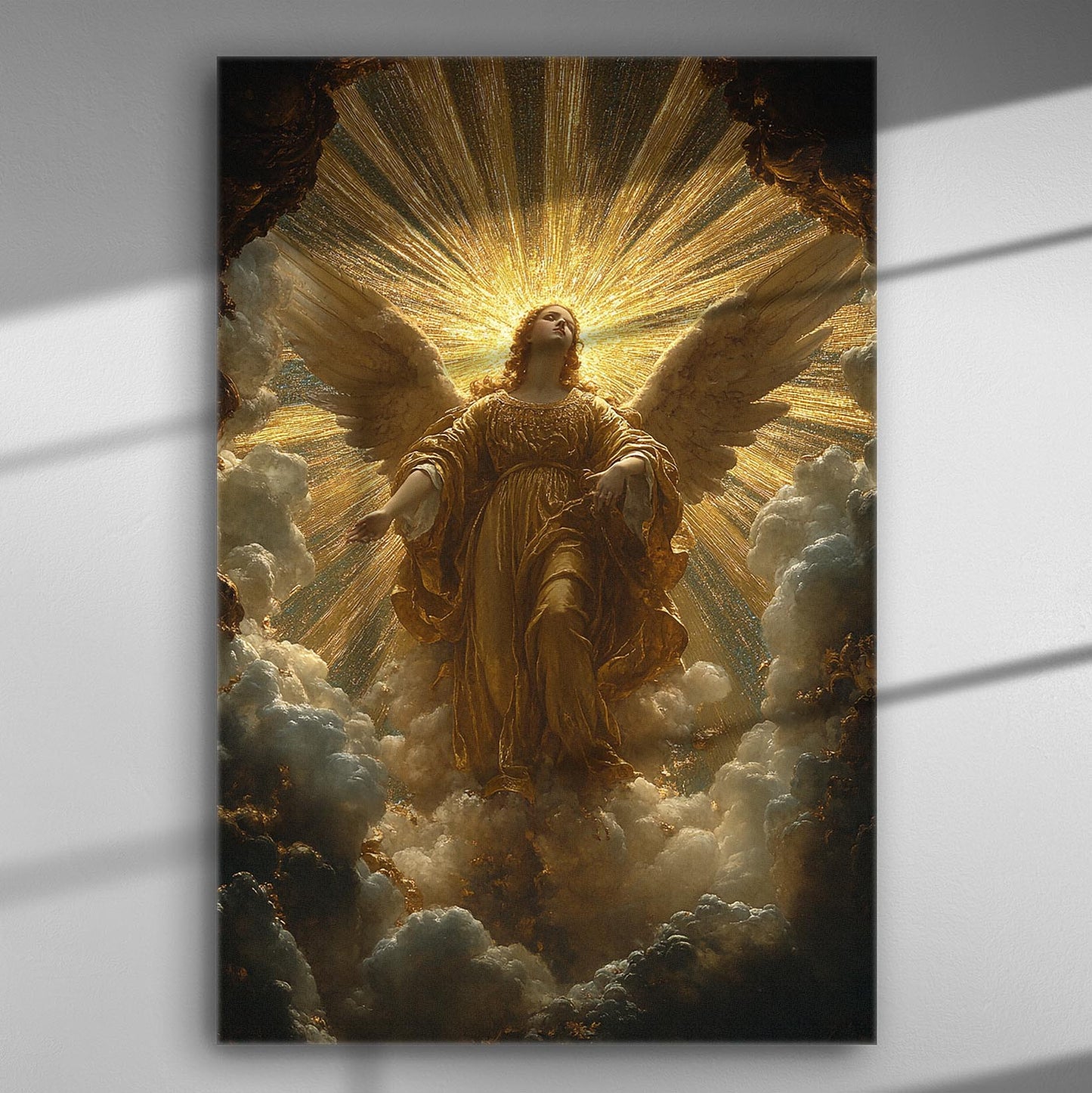 A majestic angel ascending with radiant light in a heavenly scene, captured on canvas.