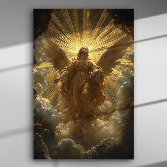 A majestic angel ascending with radiant light in a heavenly scene, captured on canvas.