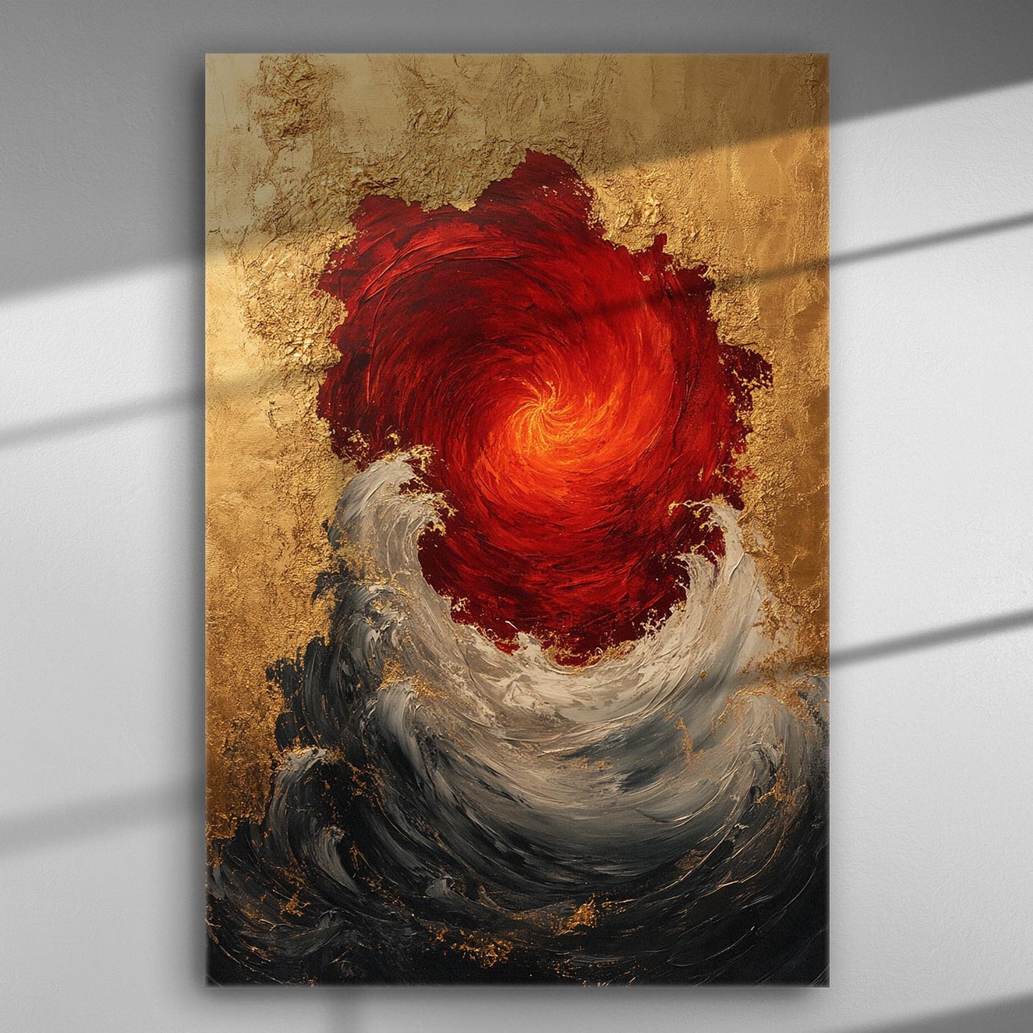 Abstract swirling energy art with gold, red, and black colors on canvas.
