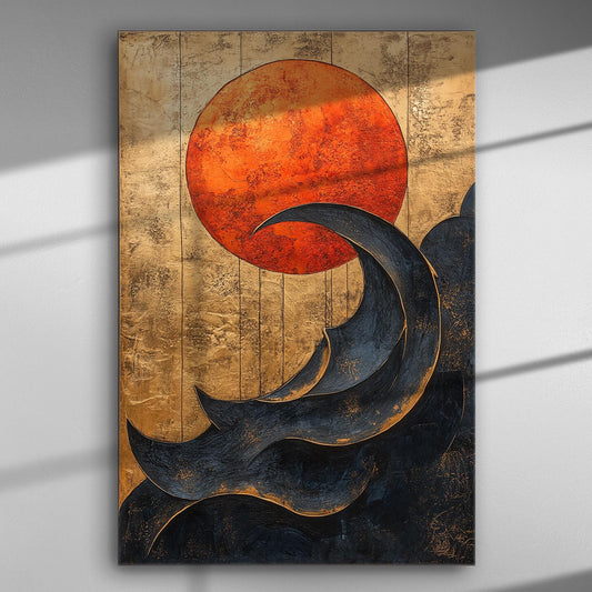 Abstract painting of waves with a large orange sun on a textured background.