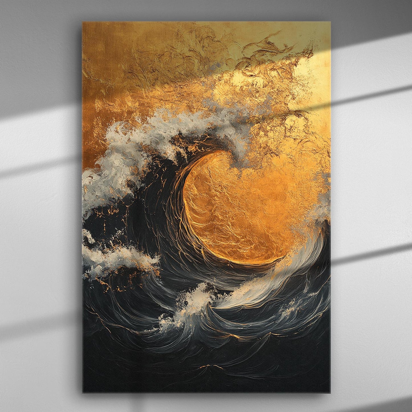 Golden wave art on canvas with rich textures and colors.