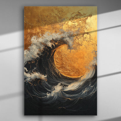 Golden wave art on canvas with rich textures and colors.