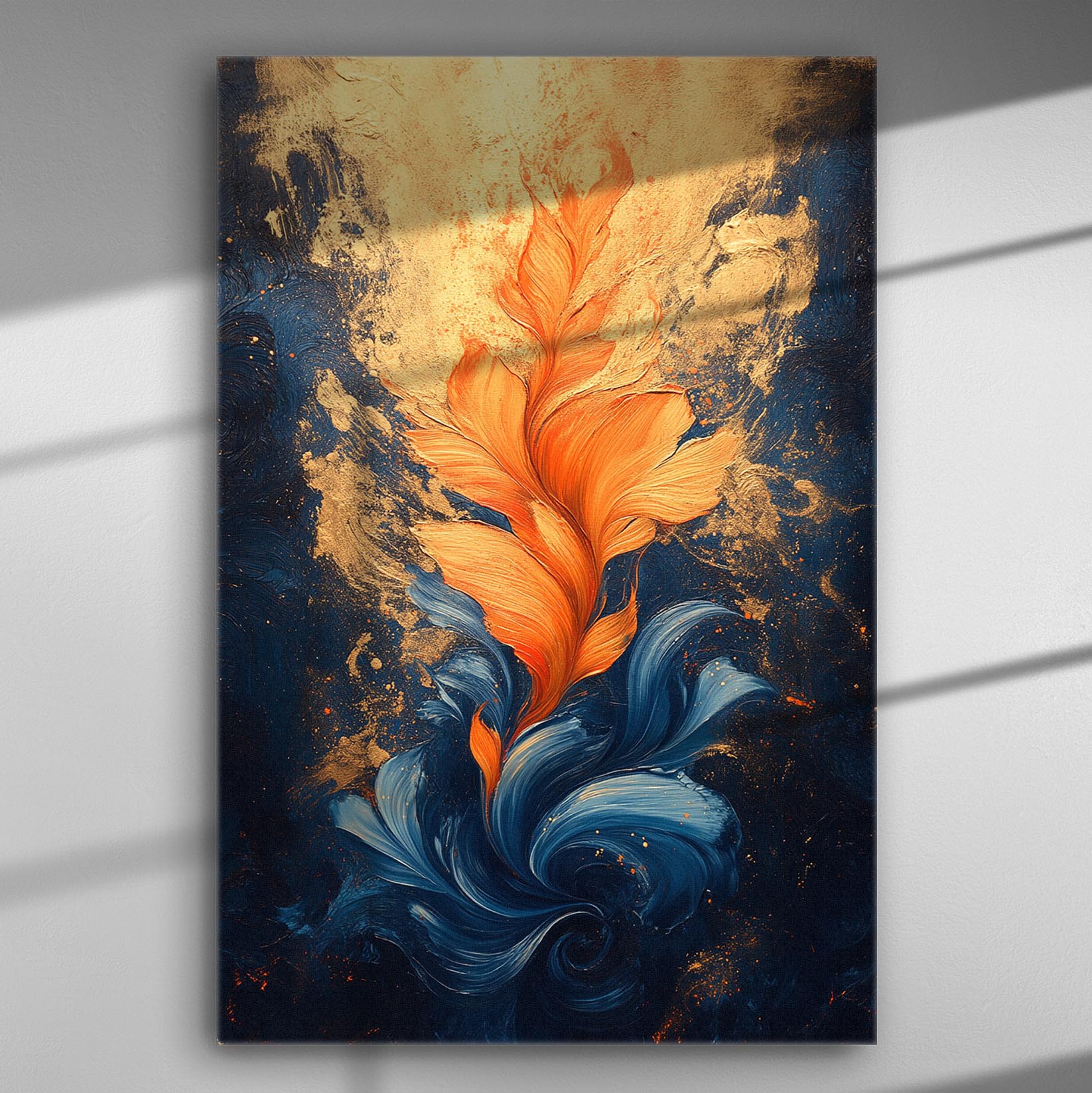 Abstract canvas painting with vibrant orange flame shapes on a dark blue background with gold accents.