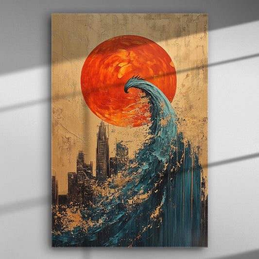 Canvas print with a dramatic wave against a cityscape and an orange sunset.