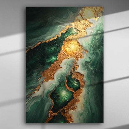 Canvas print with a mix of emerald hues and gold accents, creating a luxurious and dynamic piece.