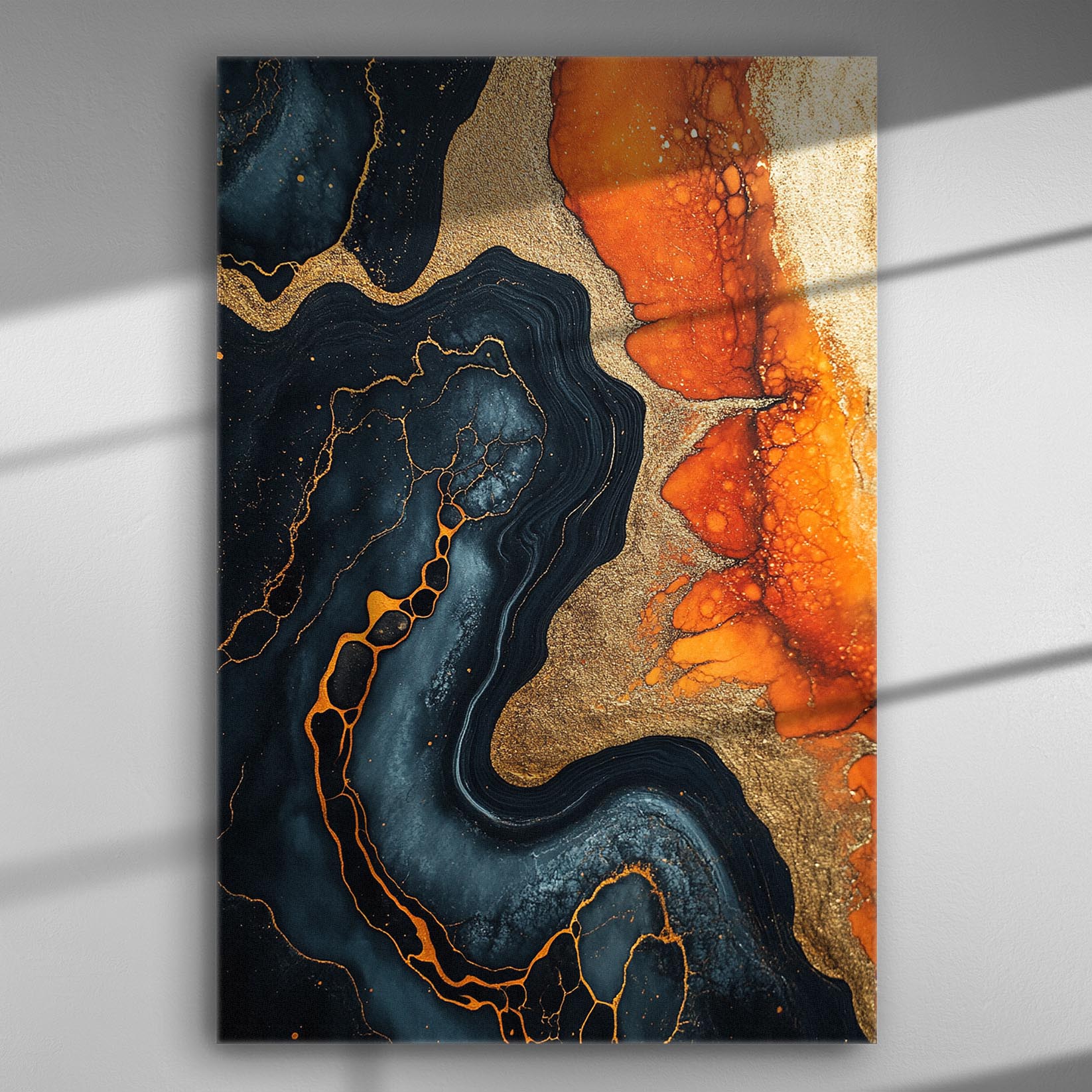 Abstract painting with orange, gold, and deep blue swirls on a canvas.