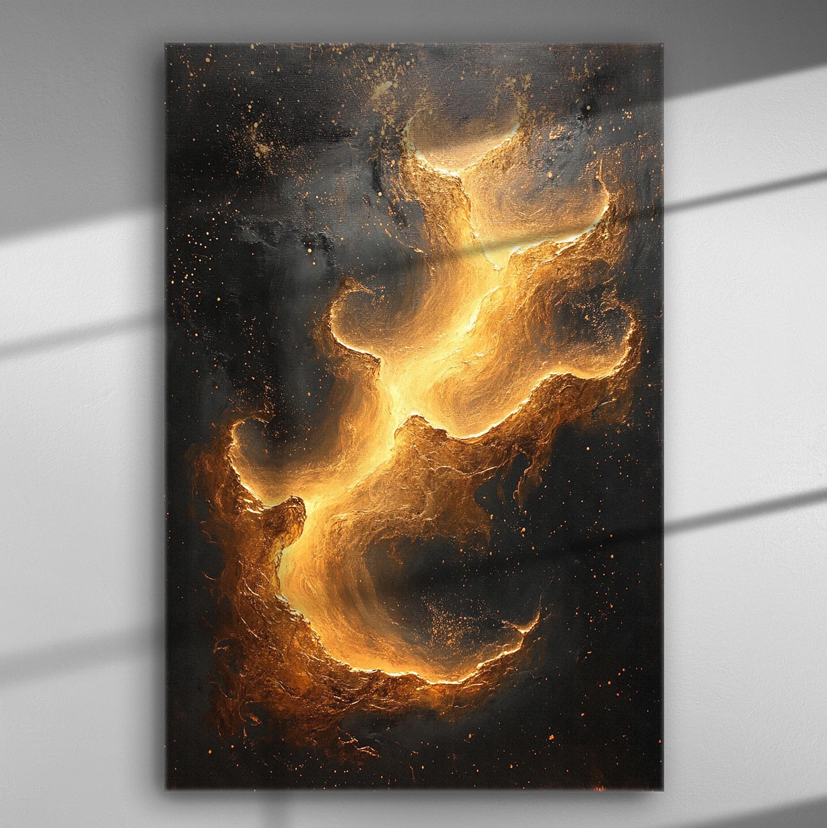 Abstract artwork with gold and dark swirls creating a celestial effect on canvas.