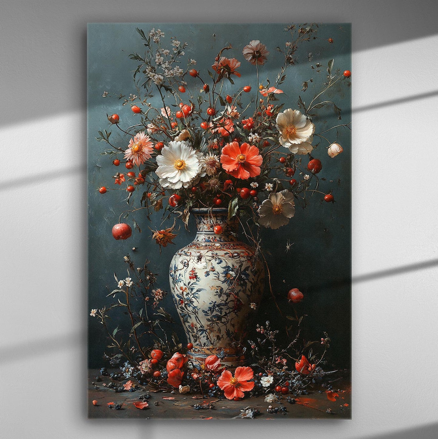 Elegant flower bouquet in a vase on a canvas print with blue background.
