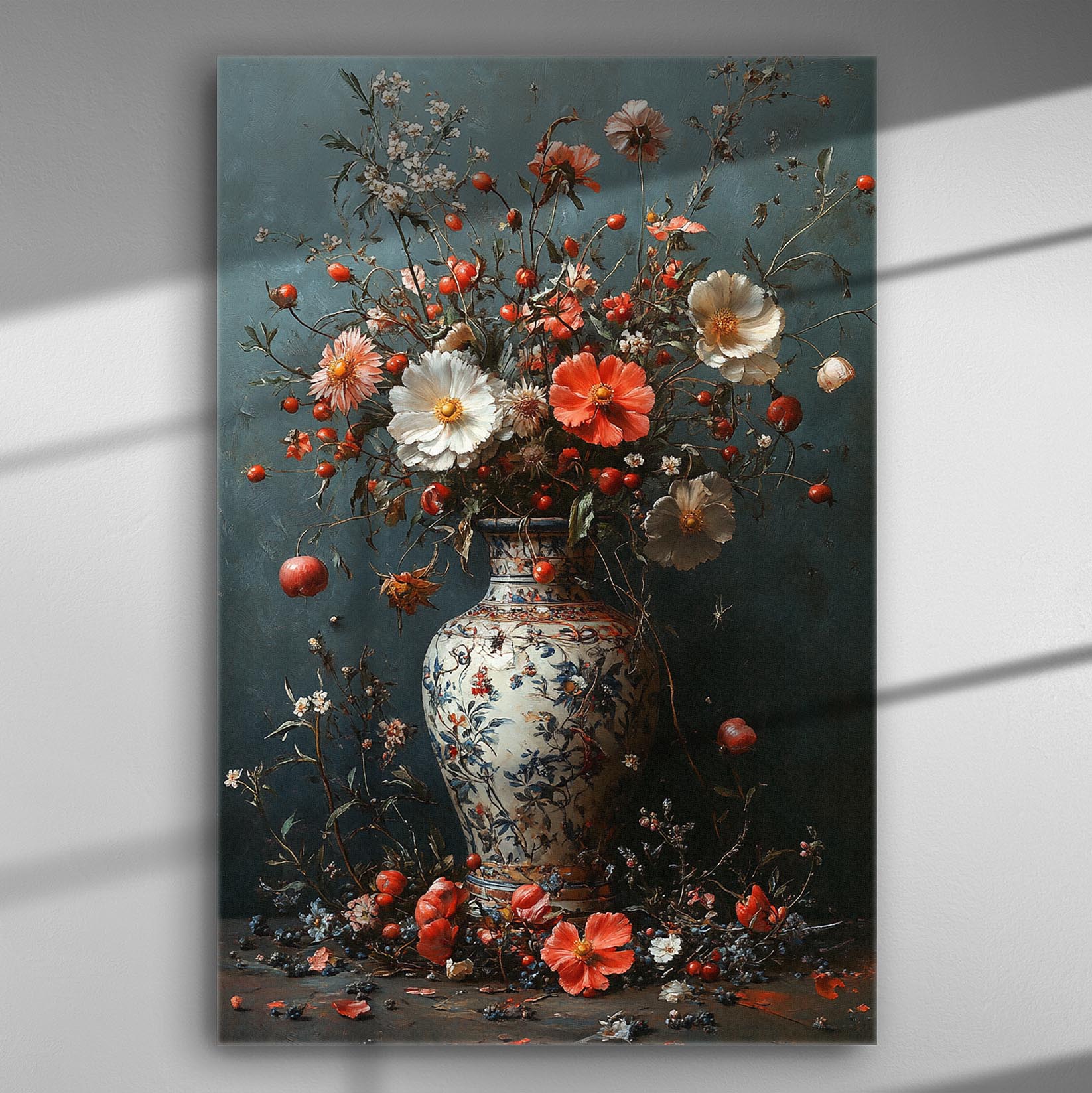 Elegant flower bouquet in a vase on a canvas print with blue background.