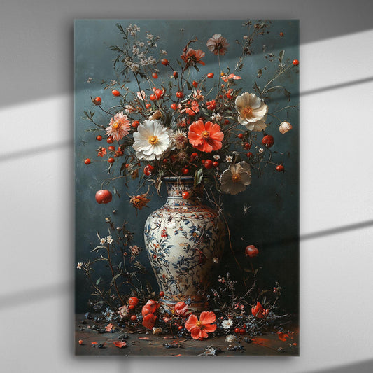 Elegant flower bouquet in a vase on a canvas print with blue background.