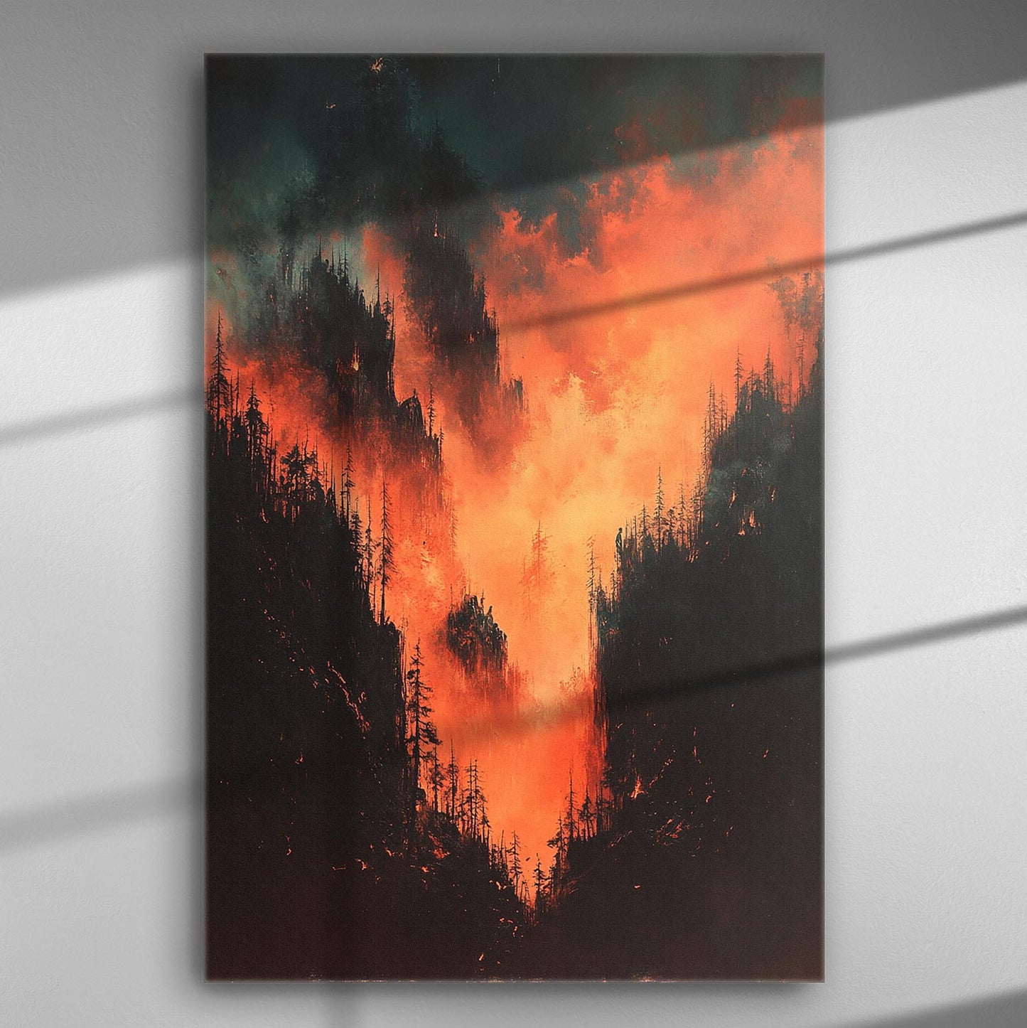 A dramatic canvas depicting fiery mountains with a dark forest silhouette and contrasting fiery sky.