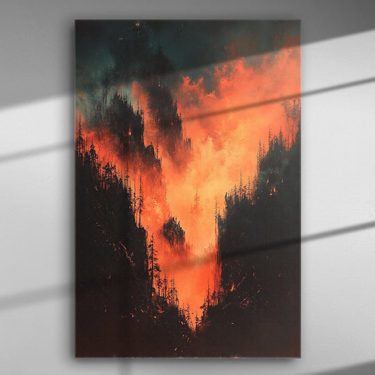 A dramatic canvas depicting fiery mountains with a dark forest silhouette and contrasting fiery sky.