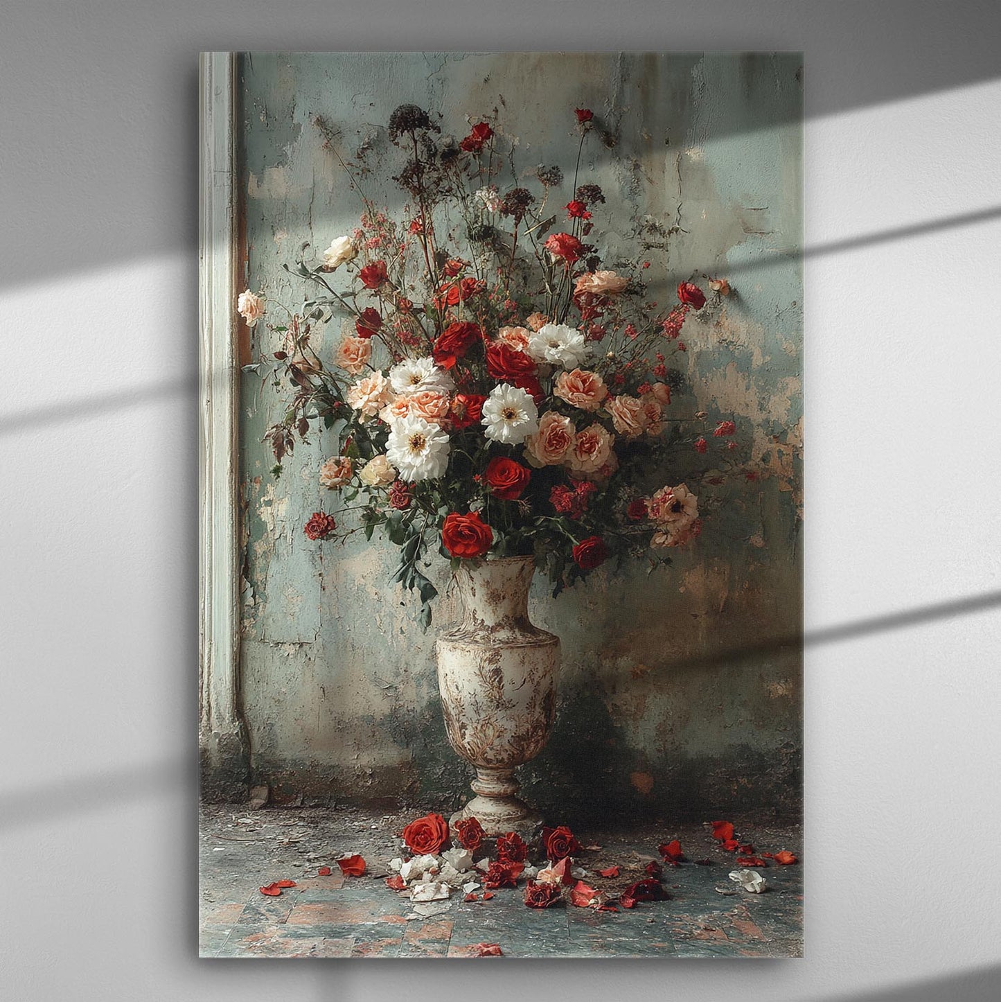 Canvas print of a romantic bouquet in a vase with red and white flowers against a textured wall.