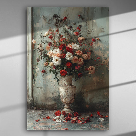 Canvas print of a romantic bouquet in a vase with red and white flowers against a textured wall.