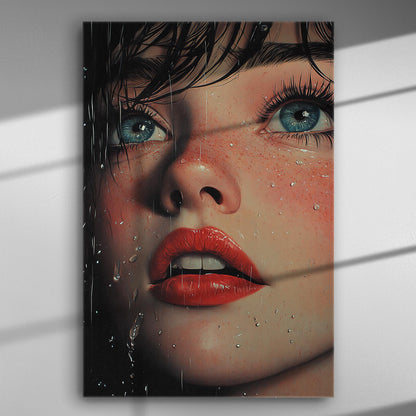Close-up portrait of a face with water droplets on it, creating an emotional and intense look.