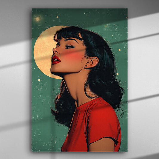 Illustration of a woman with closed eyes and red lips, moonlight background
