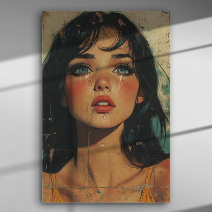 Portrait of a girl with expressive eyes and painted tears on a canvas.