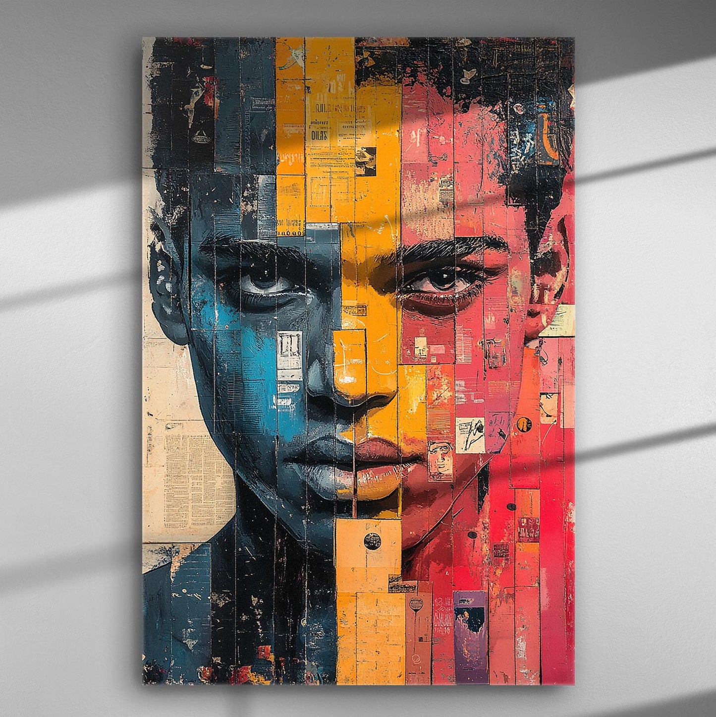 Colorful portrait canvas art with blue, yellow, and red collage elements depicting a face.