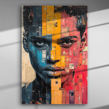 Colorful portrait canvas art with blue, yellow, and red collage elements depicting a face.