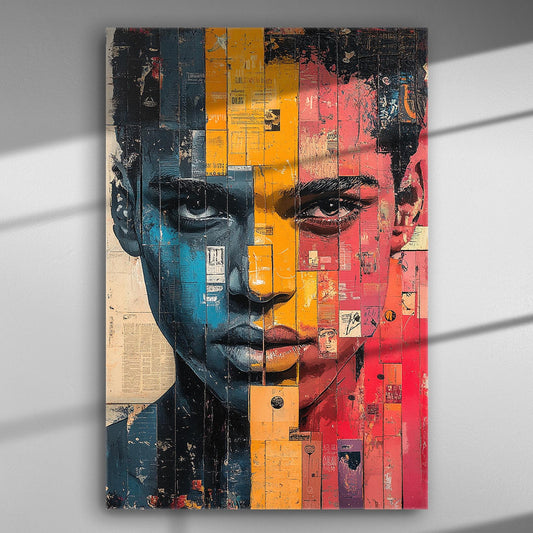 Colorful portrait canvas art with blue, yellow, and red collage elements depicting a face.